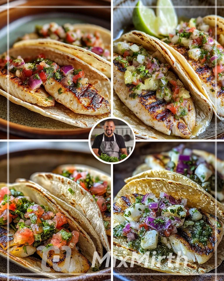 Grilled tilapia tacos with cabbage and salsa verde garnished on a plate
