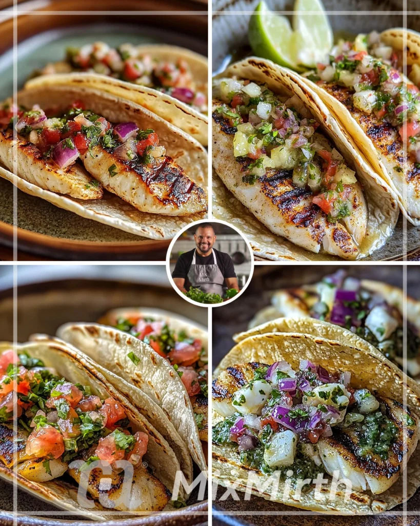 Grilled tilapia tacos with cabbage and salsa verde garnished on a plate