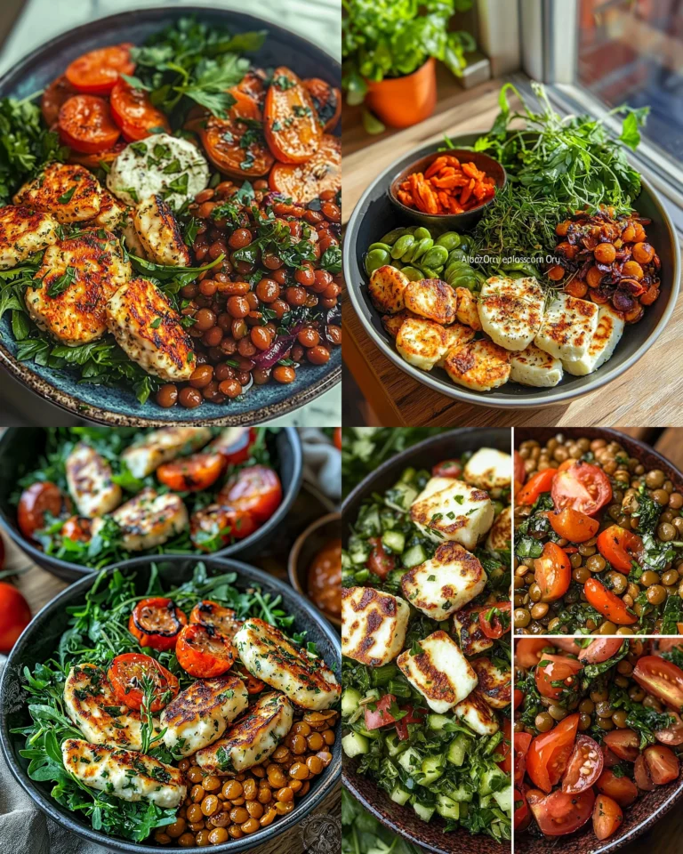 Herby Halloumi & Lentil Bowl topped with fresh herbs and spices