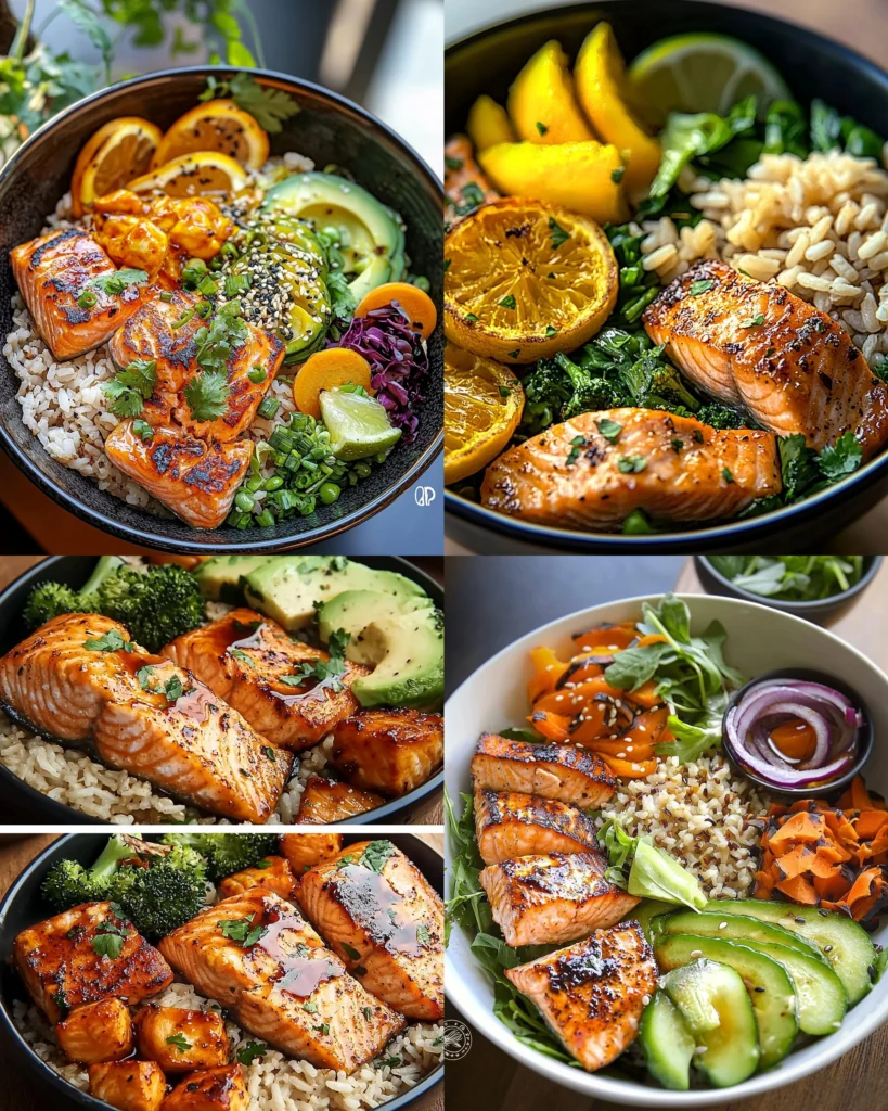 Honey Garlic Salmon served with brown rice and garnished with vegetables