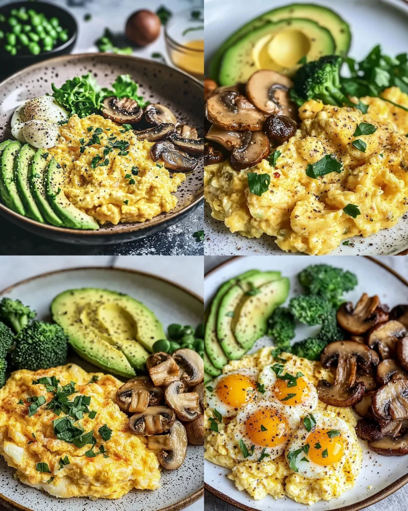 Keto breakfast plate with creamy scrambled eggs, mushrooms, and sliced avocado