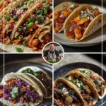 Korean BBQ tacos topped with kimchi slaw on a rustic wooden table