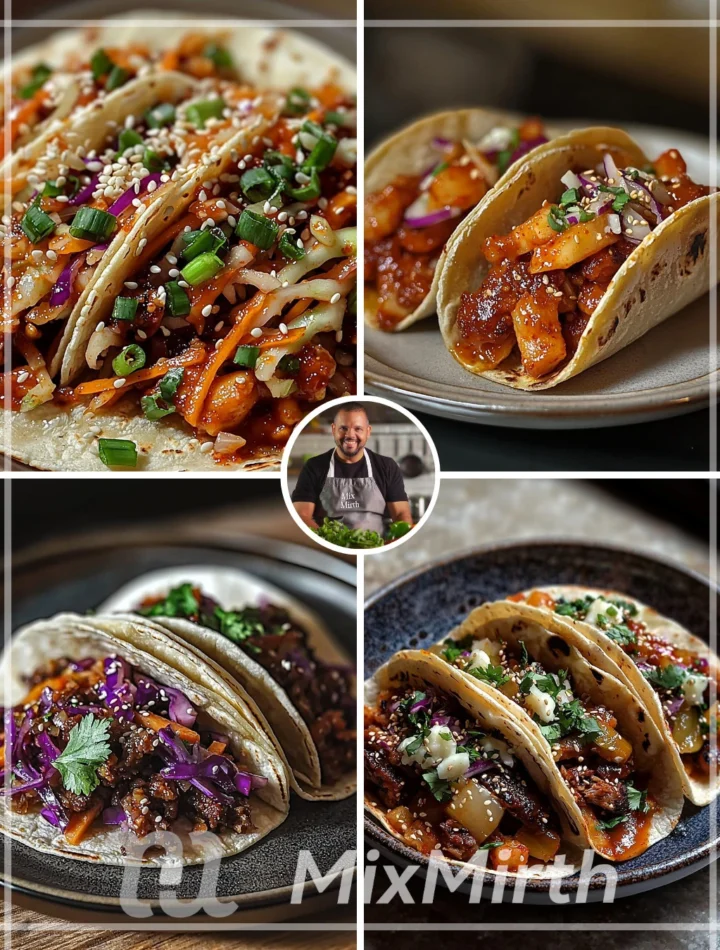 Korean BBQ tacos topped with kimchi slaw on a rustic wooden table