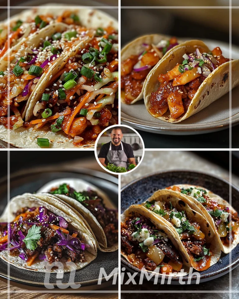Korean BBQ tacos topped with kimchi slaw on a rustic wooden table