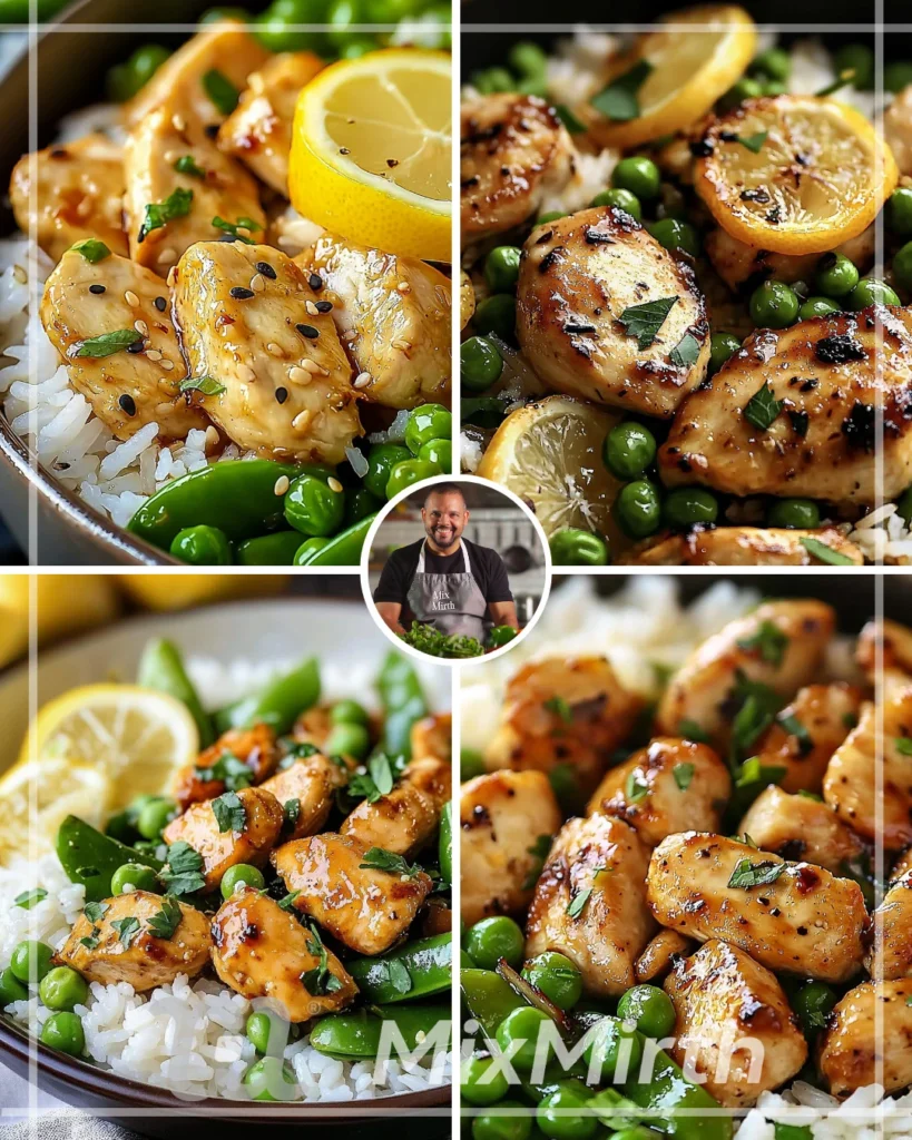 Lemon Garlic Chicken Stir-Fry with Snap Peas and Rice served in a bowl