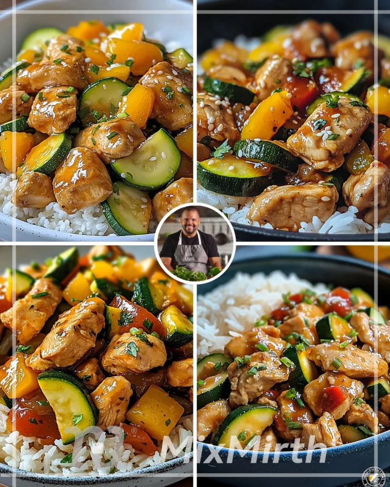 Orange Garlic Chicken stir-fry with zucchini and rice on a plate