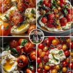 Pasta with burrata, candied tomatoes, and pine nuts in a sunny setting