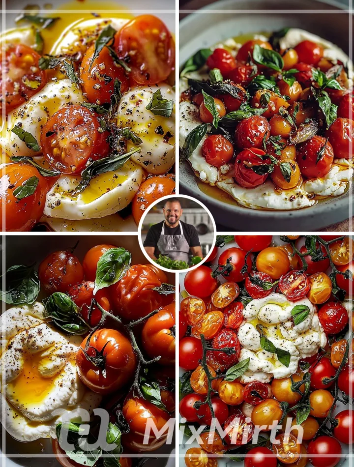 Pasta with burrata, candied tomatoes, and pine nuts in a sunny setting
