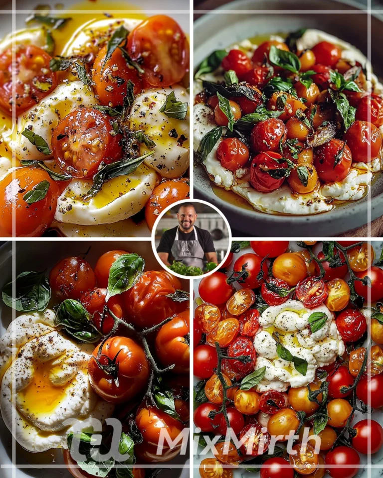 Pasta with burrata, candied tomatoes, and pine nuts in a sunny setting