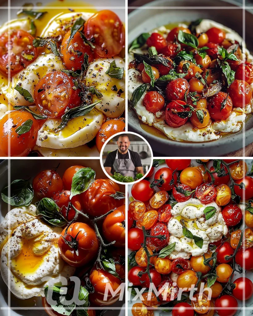 Pasta with burrata, candied tomatoes, and pine nuts in a sunny setting
