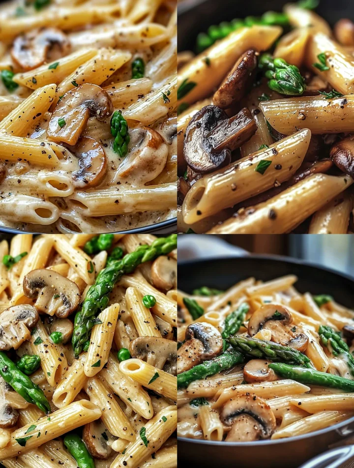Delicious plate of Penne with Chicken, Mushrooms, and Creamy Asparagus
