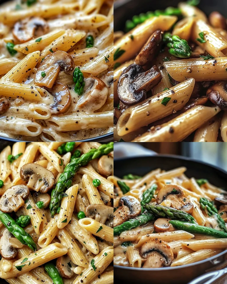 Delicious plate of Penne with Chicken, Mushrooms, and Creamy Asparagus