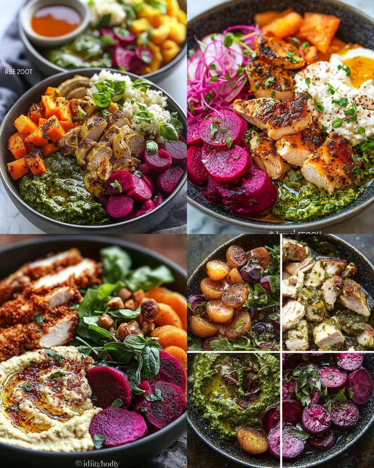 Pesto Chicken & Beet Hummus Bowl topped with fresh ingredients