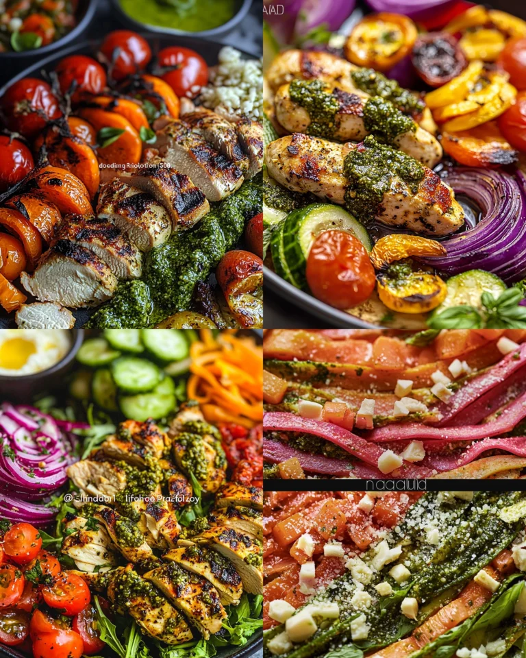 Pesto Chicken served with Rainbow Veggie Ribbons on a plate