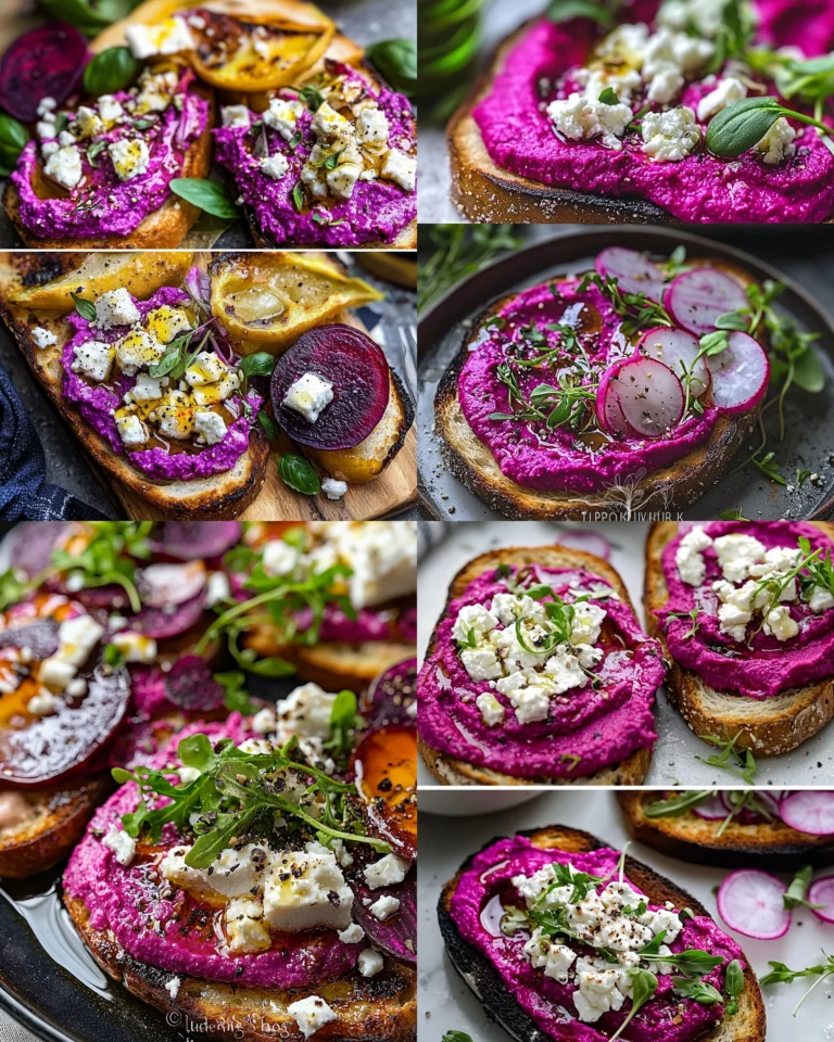 Purple toast with beet hummus and feta topping