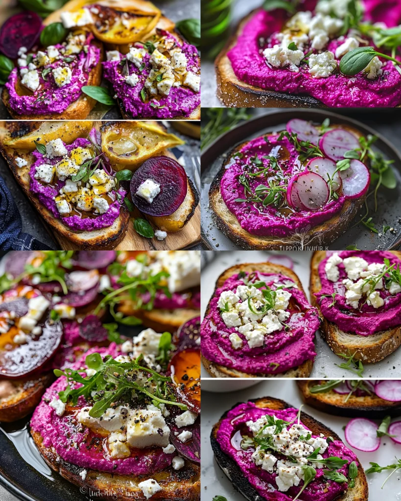 Purple toast with beet hummus and feta topping