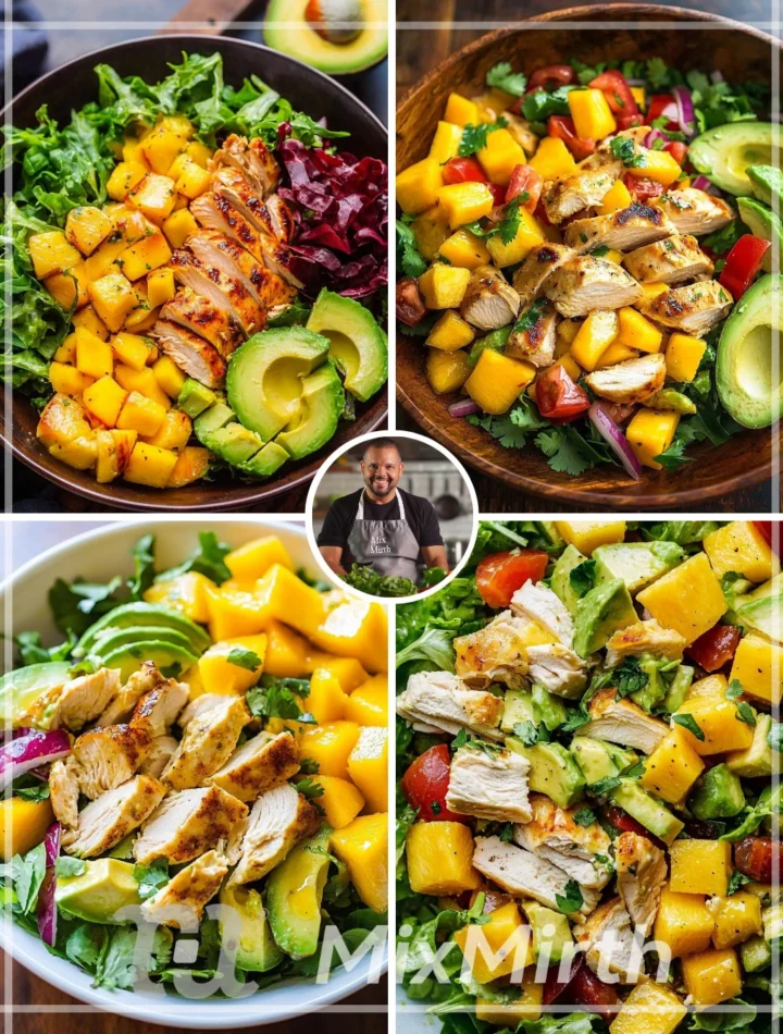Refreshing chicken mango avocado salad served in a bowl with vibrant colors