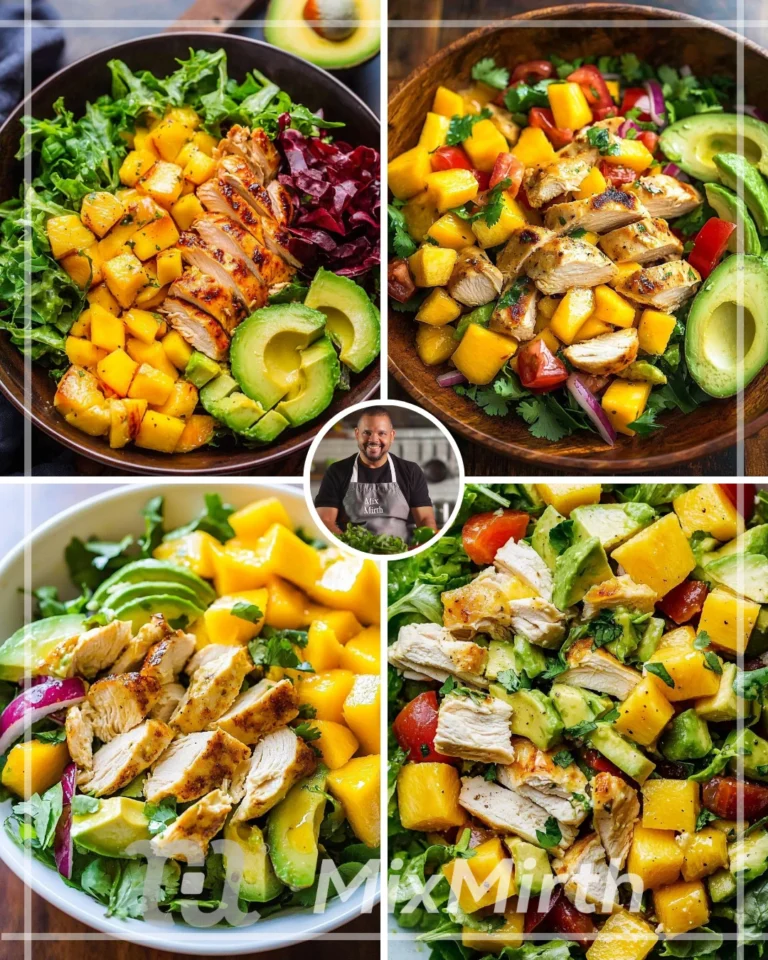 Refreshing chicken mango avocado salad served in a bowl with vibrant colors
