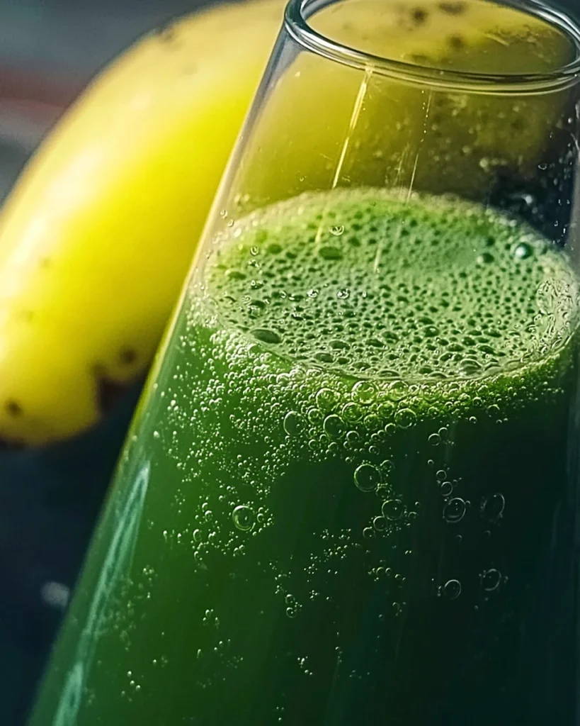 Glass of refreshing green juice with fresh vegetables and fruits