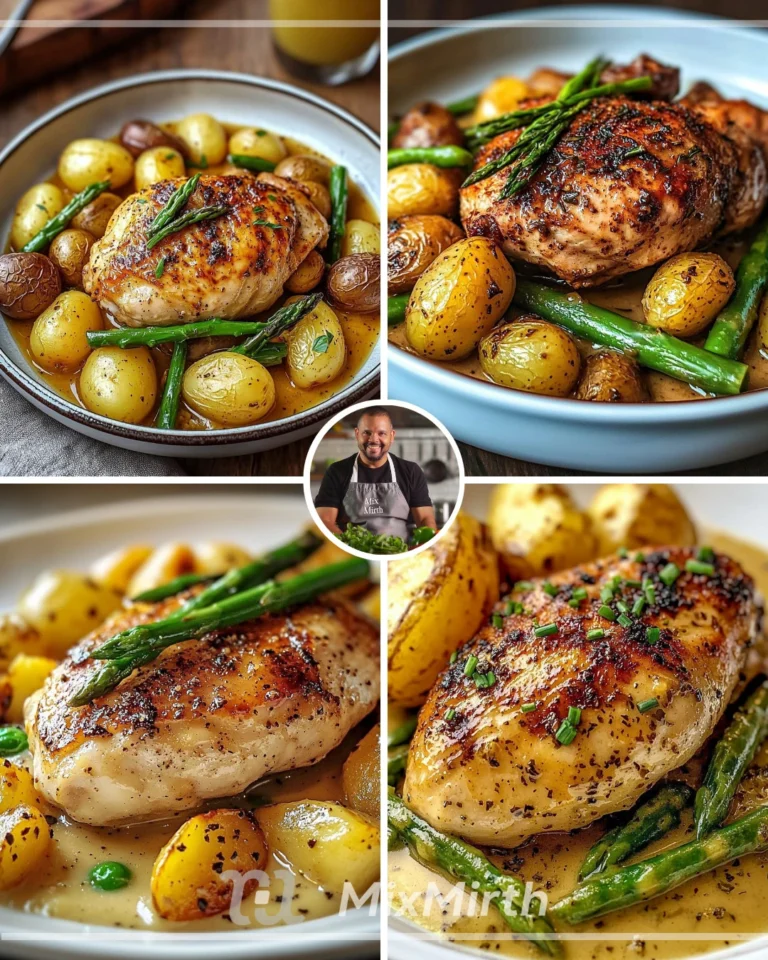 Roast chicken with creamy sauce served with potatoes and asparagus