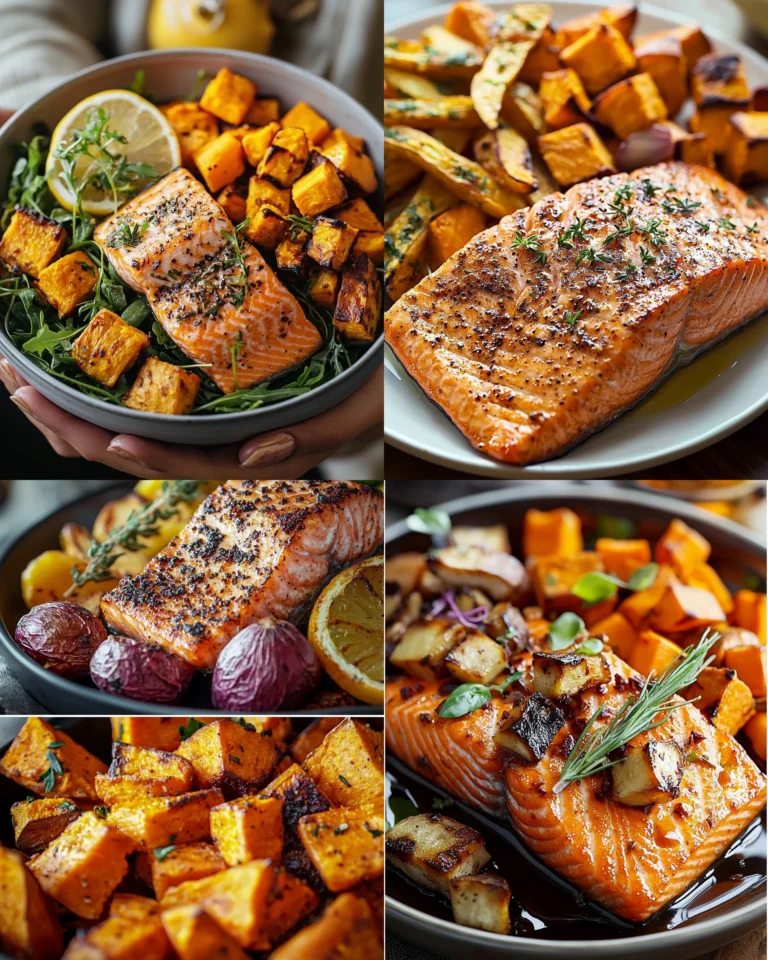 Delicious salmon and sweet potato plate garnished with herbs