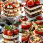 Savory tiramisu with tomatoes and mozzarella cheese layered in a delightful dish.