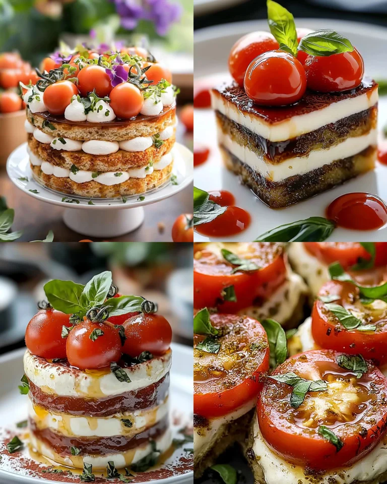 Savory tiramisu with tomatoes and mozzarella cheese layered in a delightful dish.