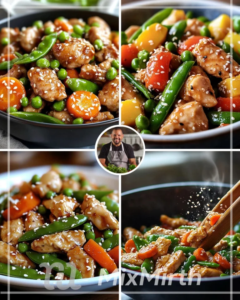 Sesame chicken stir-fry with snow peas and carrots on a plate