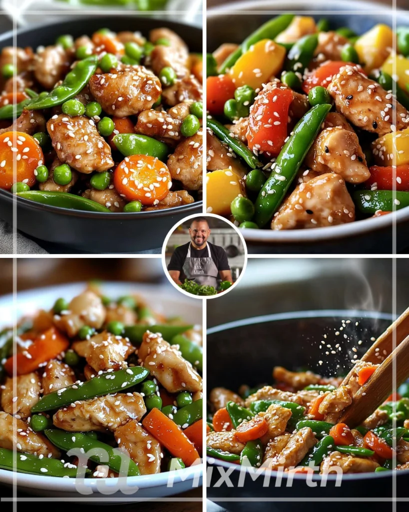 Sesame chicken stir-fry with snow peas and carrots on a plate