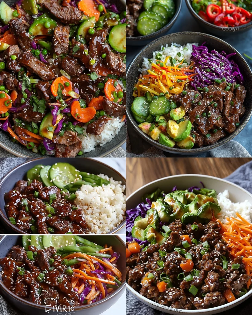 Sesame-Ginger Beef with Rainbow Slaw in a colorful bowl