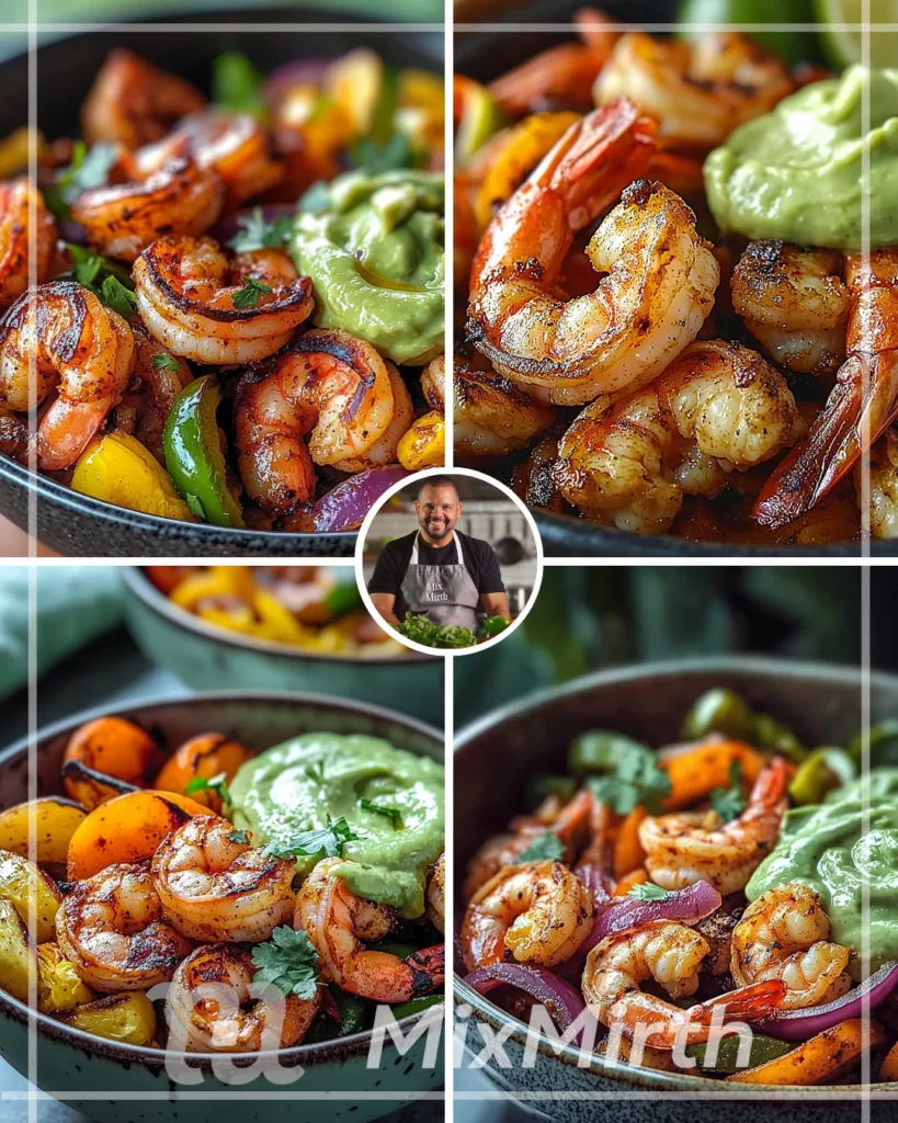Shrimp fajita bowls garnished with avocado crema in a colorful dish
