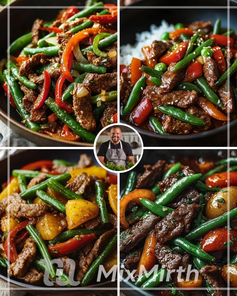 Spicy coconut beef and green bean stir-fry dish garnished with herbs