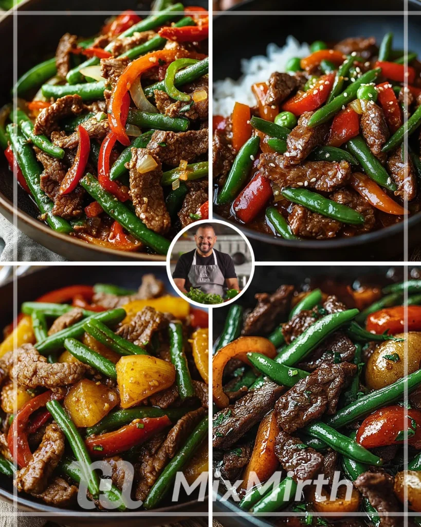 Spicy coconut beef and green bean stir-fry dish garnished with herbs
