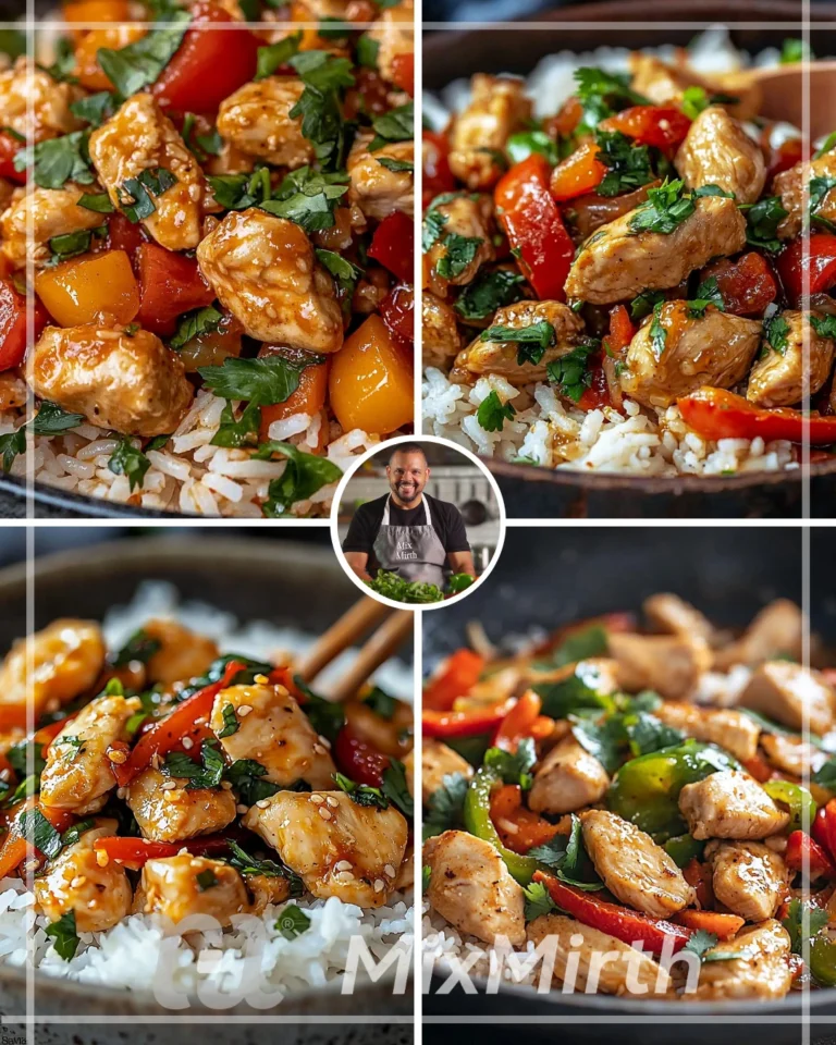 Spicy ginger chicken stir-fry with bell peppers and rice dish