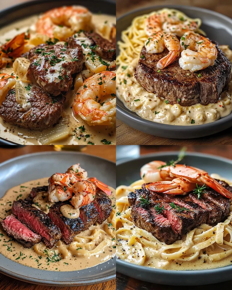 Delicious Steak Lobster Alfredo served on a plate