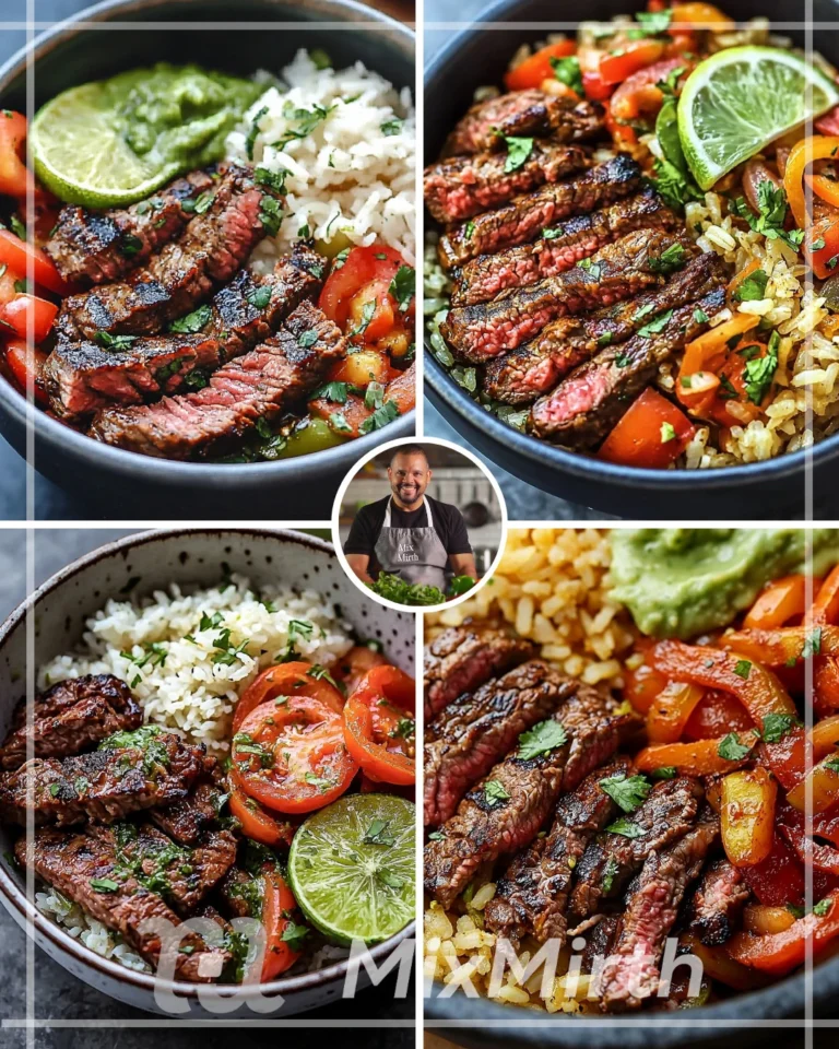 Steak fajita rice bowls garnished with cilantro lime rice