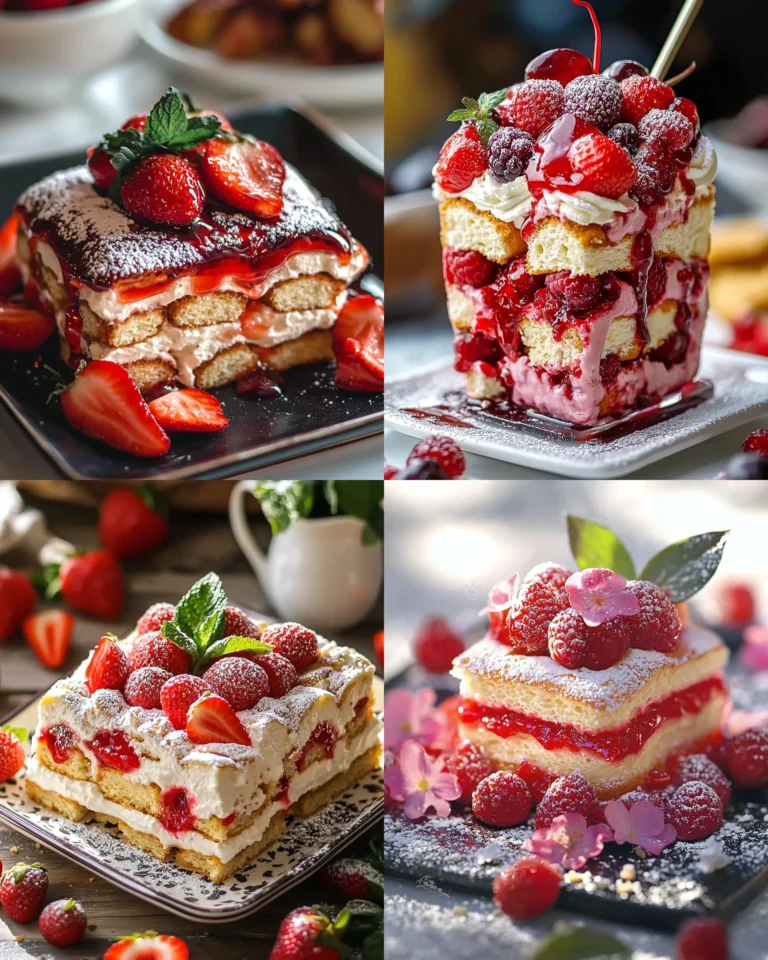 Delicious Strawberry Tiramisu topped with pink biscuits