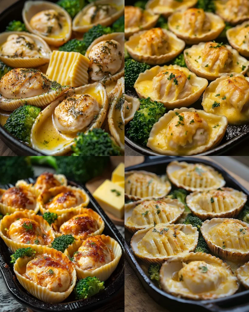 Stuffed shells with chicken, broccoli, and cheese on a plate