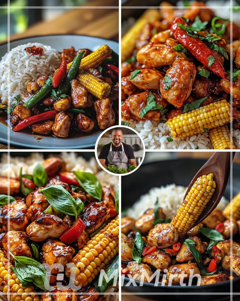 Sweet Chili Chicken Stir-Fry with baby corn and rice on a plate