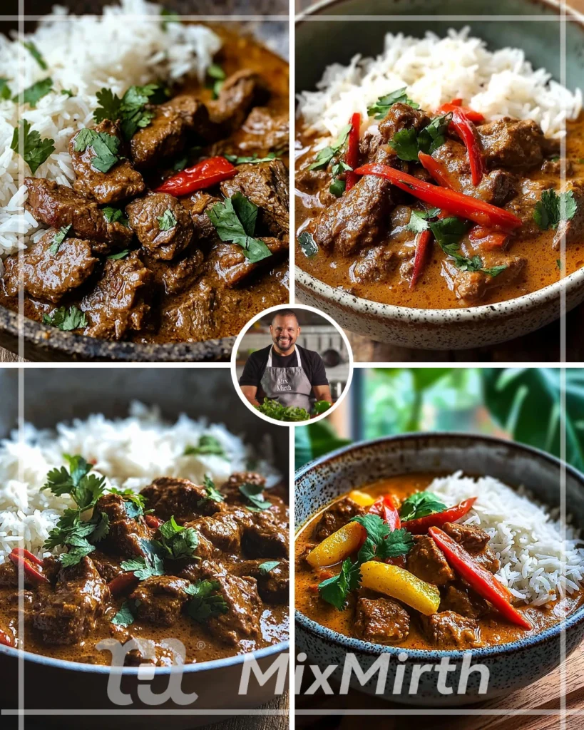 Tamarind coconut beef curry with jasmine rice served in a bowl