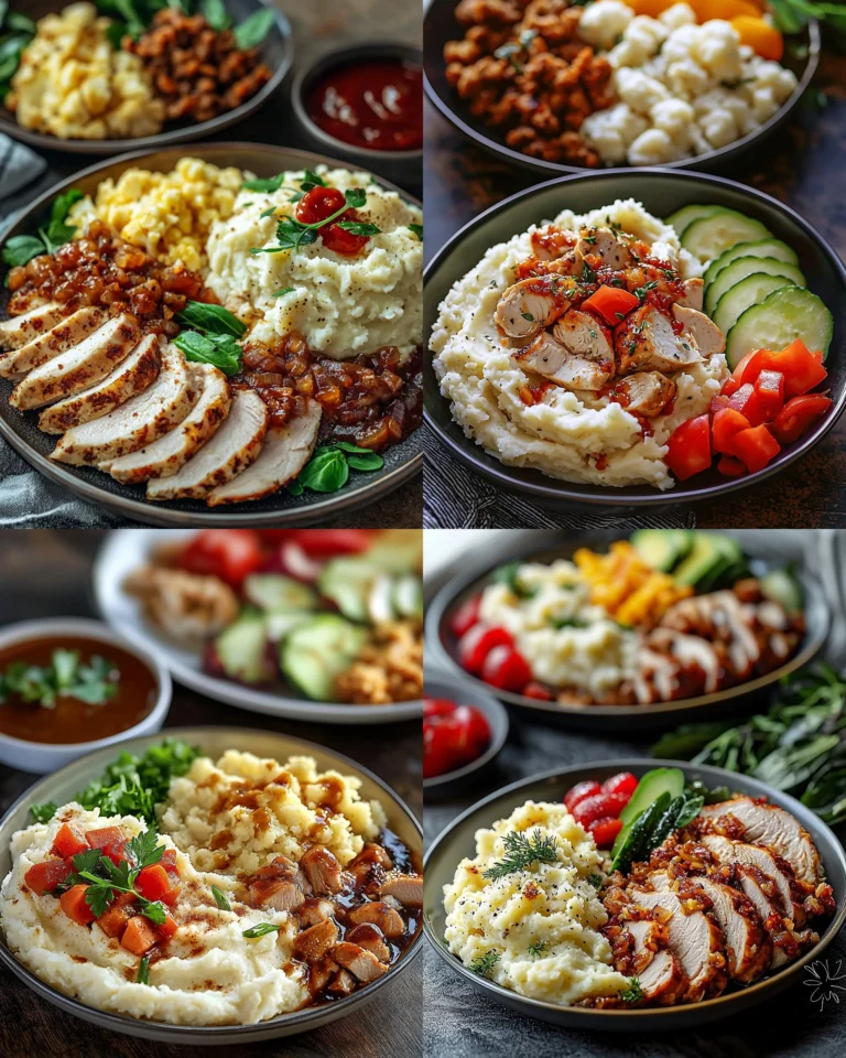 Turkey and mashed cauliflower plate served with fresh herbs