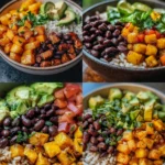 Veggie Fajita Rice Bowl with Black Beans and colorful vegetables