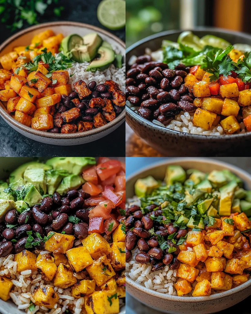 Veggie Fajita Rice Bowl with Black Beans and colorful vegetables