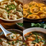 Bowl of delicious wonton soup with dumplings and green onions