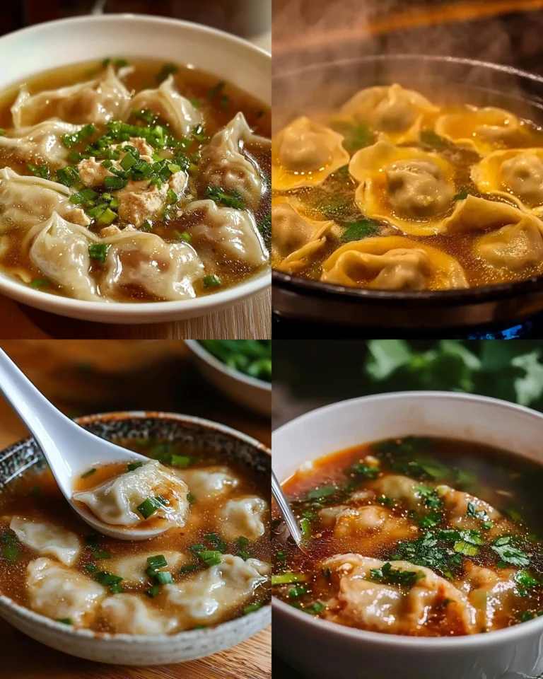 Bowl of delicious wonton soup with dumplings and green onions