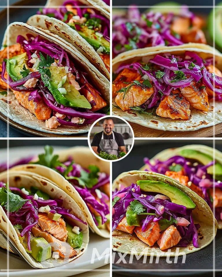 Zesty salmon tacos with pickled cabbage and avocado on a plate