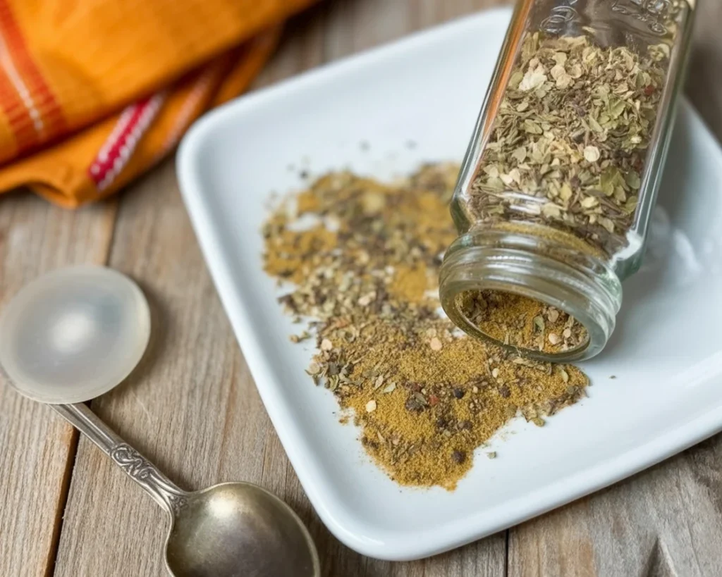 Homemade Beau Monde seasoning blend in a small jar with ingredients.