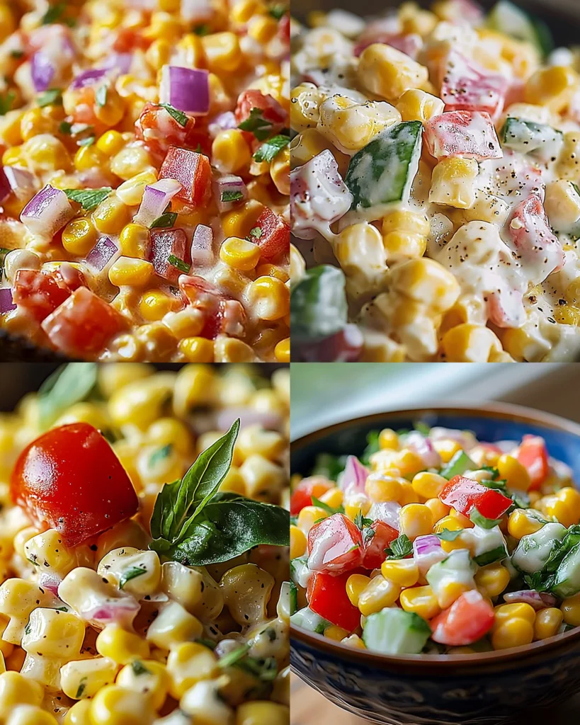Delicious creamy corn salad served in a bowl with fresh herbs