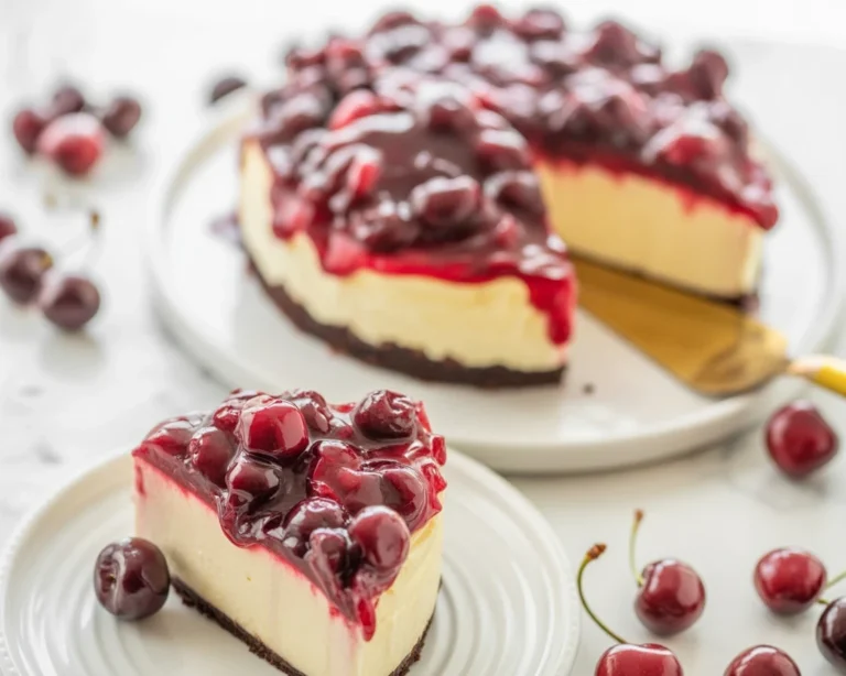 Delicious Black Forest Cheesecake with cherry topping and Oreo crust