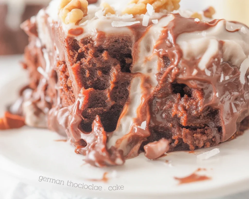 Delicious German Chocolate Poke Cake topped with coconut pecan frosting and rich ganache.